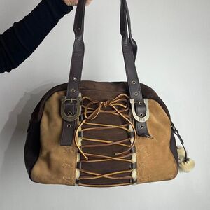 UGG Australia Lacing Bowler Brown Suede and Leather Shoulder Bag with Fur